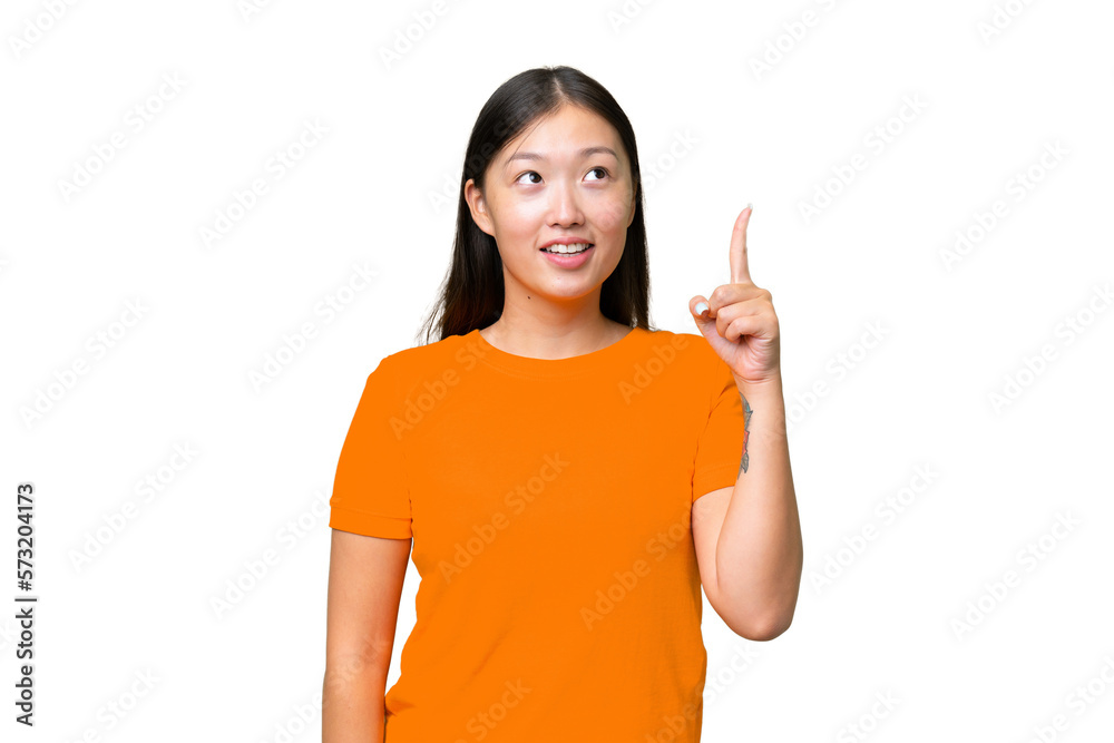 Poster Young Asian woman over isolated background having doubts while looking side