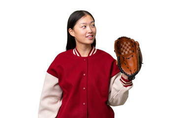 Young asian woman with baseball glove over isolated background looking to the side and smiling - Powered by Adobe