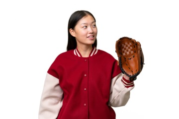 Young asian woman with baseball glove over isolated background looking to the side and smiling