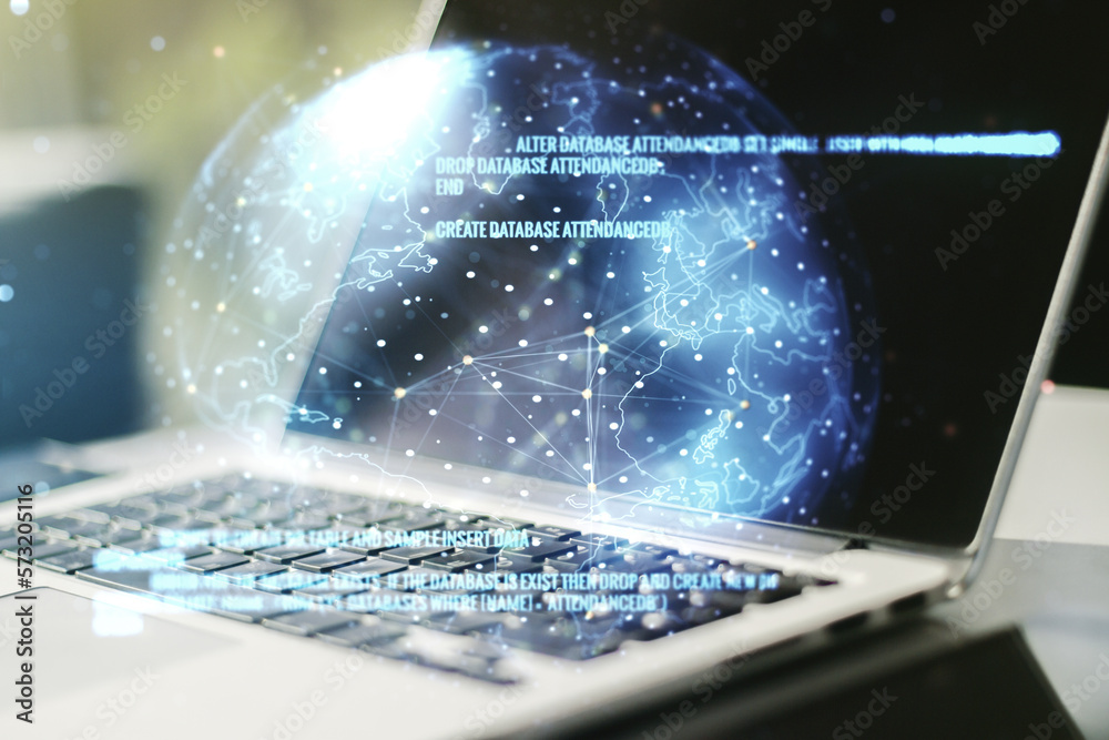 Poster double exposure of abstract creative programming illustration with world map on computer background,