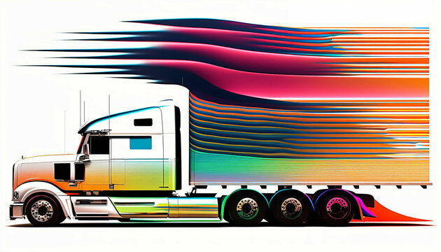 vintage retro style colorful illustration of a trailer truck with speed lines background, new quality transport stock image wallpaper design, Generative AI