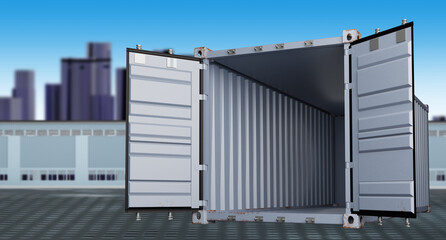 Open sea container. Industrial zone without people. Storage hangars behind container. Empty sea tare in open air. Twenty foot cargo container. Metal box on industrial territory. 3d rendering.