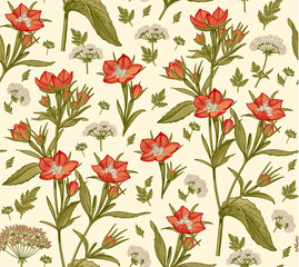 Seamless pattern. Bluebells, Hemlock tree wildflowers. Beautiful blooming realistic isolated flowers Vintage background fabric Wallpaper baroque. Drawing engraving sketch Vector victorian illustration