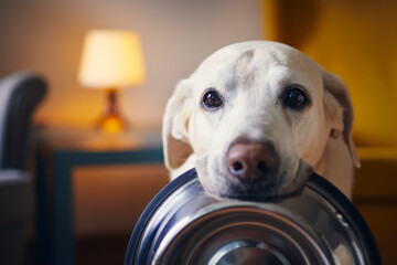 Hungry dog with sad eyes is waiting for feeding. Cute labrador retriever is holding dog bowl in...