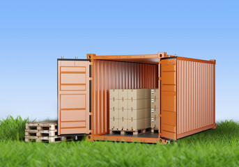 Cargo container. Sea container located on grass. Pallets with boxes in steel box. Cargo container in summer meadow. Twenty foot cargo tare. Transportation, transportation, logistics. 3d rendering.
