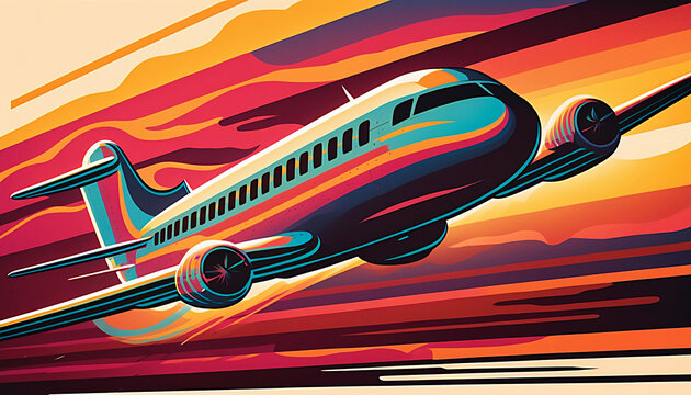 vintage retro style illustration of a passanger plane in sunset sunrise sky with speed lines background, new quality transport stock image wallpaper design, Generative AI
