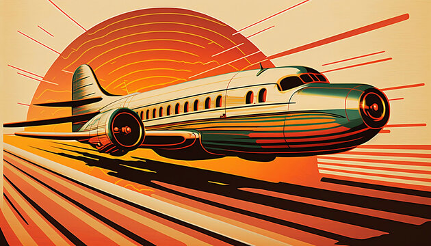 vintage retro style illustration of a passanger plane in sunset sunrise sky with speed lines background, new quality transport stock image wallpaper design, Generative AI