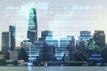 Multi exposure of abstract graphic world map on San Francisco cityscape background, big data and networking concept