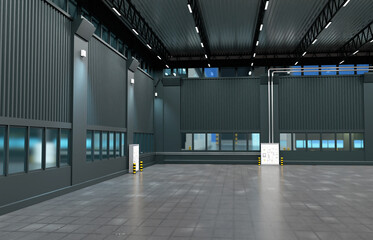 Obraz premium Empty production building. Hangar interior for warehouse or factory. Industrial building. Empty production building with square windows. Industrial hangar with concrete floor tiles. 3d rendering.
