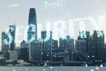 Virtual cyber security creative concept on San Francisco city skyline background. Double exposure
