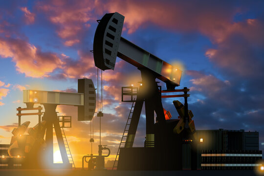 Oil production landscape. Crude oil fields at sunset. Industrial landscape with energy resources extraction. Pumps pumping out oil. Extraction and processing petroleum. Fuel industry. 3d image