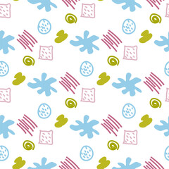 Pattern of abstract geometric shapes spring colors. Vector flat illustration. Seamless pattern. Packaging design. Squares, blots, strokes