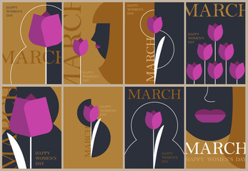 8 March posters set. Women's day holiday greeting cards. Flat minimal style.