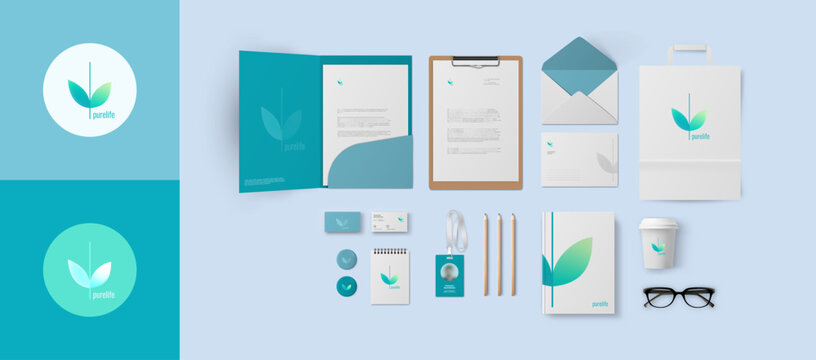 Corporate identity with blue color logo for branding eco market, cosmetic or wellness company, minimal yoga style with natural green leaf to stationery template