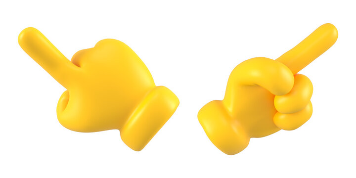 Yellow emoji cute hand showing left and right or pointing gesture isolated. Set of different tap gestures icons, symbols, signals and signs. 3d rendering.