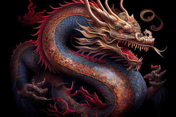Obraz premium Fire red of full traditional chinese dragon. Chinese Lunar New Year. Happy chinese new year 2024. Years of the Dragon. Generative AI technology