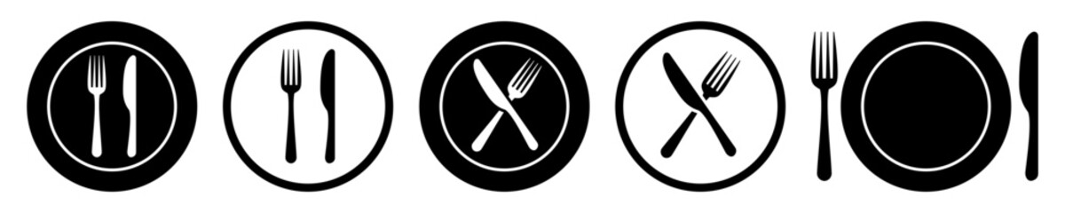 Set plate, fork and knife icons - vector - obrazy, fototapety, plakaty