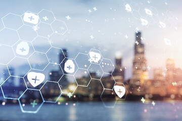 Abstract virtual medical sketch on blurry office buildings background. Medicine and healthcare concept. Multiexposure