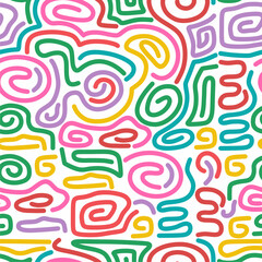 Colorful seamless pattern. Fun colorful line doodle shape background. Yellow, green, violet, pink, red, blue colors. Mosaic.