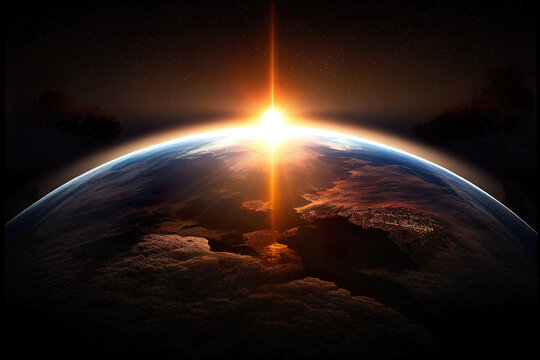 Good morning world. View of the earth from the cosmos. Planet Earth with a spectacular sunset. Generative AI.