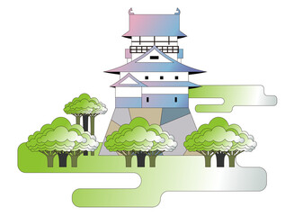 Naklejka premium 桜咲く公園とお城の見える風景 