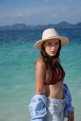 woman on the beach in krabi thailand, poda island, model shooting