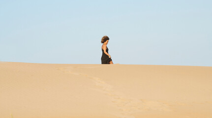 Woman in dress on sandy beach. View of ethnic woman in black dress walking at distance on sandy shore under blue sky