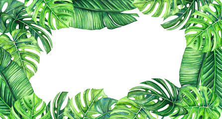 Watercolor illustration banner frame of tropical leaves