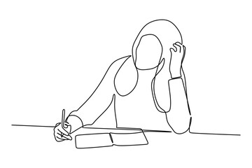 continuous line drawing of girl writing in a notebook while sitting