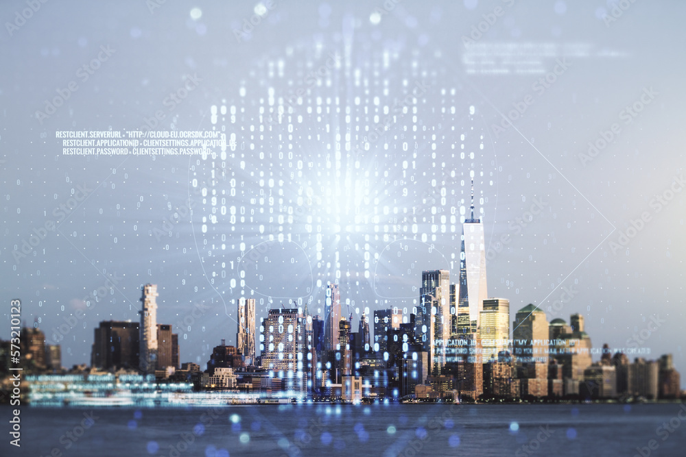 Poster double exposure of abstract virtual creative code skull hologram on new york city skyscrapers backgr