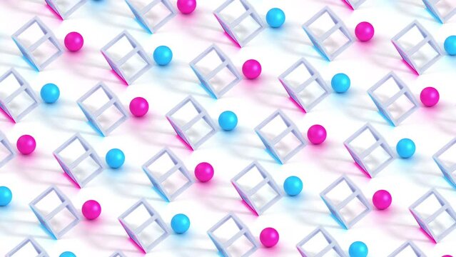 Abstract minimalistic motion design with transforming metal frames and colored spheres. Seamless looping. 3d animation. 4k.