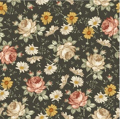 Seamless pattern. Chamomile Daisies Roses wildflowers. Beautiful blooming realistic isolated flowers Vintage background fabric Wallpaper baroque. Drawing engraving sketch Vector victorian illustration