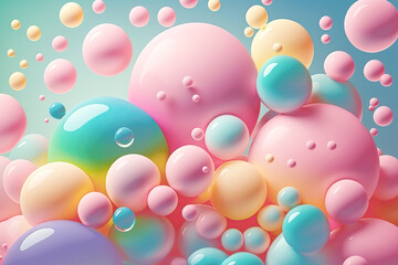 Obraz na płótnie Canvas Glossy balls and soap bubbles. Pastel colored background. Generative AI
