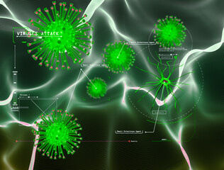 Human body attacked by viruses, scientific research. Genetic experimentation. Data reprocessing. Study program to eradicate the virus, experiment in the laboratory. Laptop computer. Sci-fi, hud