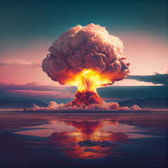 Nuclear bomb explosion. Atomic detonation. modern war. Planet earth. Bomb nuke weapon. 3d illustration image. AI Generative