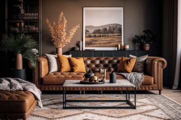 Obraz premium The living room's interior design captures the essence of modern luxury with its sleek leather sofa