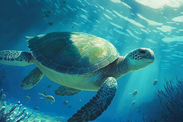 Fototapeta premium Sea turtle swimming in the blue water, Generative AI