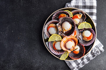 fresh scallop shell seafood meal snack on the table copy space food background rustic top view  - obrazy, fototapety, plakaty