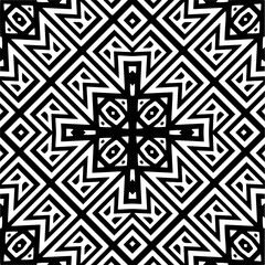 Vector geometric seamless pattern. Minimal ornamental background with abstract shapes. Black and white mandala. Simple abstract ornament background. Dark repeat design for decor, fabric, cloth.