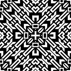 Vector geometric seamless pattern. Minimal ornamental background with abstract shapes. Black and white mandala. Simple abstract ornament background. Dark repeat design for decor, fabric, cloth.