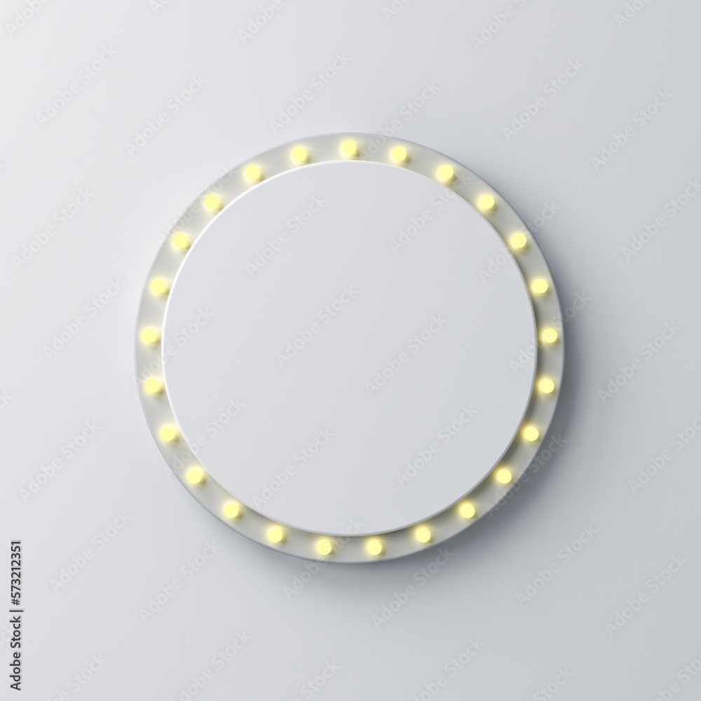Aufkleber blank white round signage or round circle signboard with retro yellow neon light bulbs isolated on d