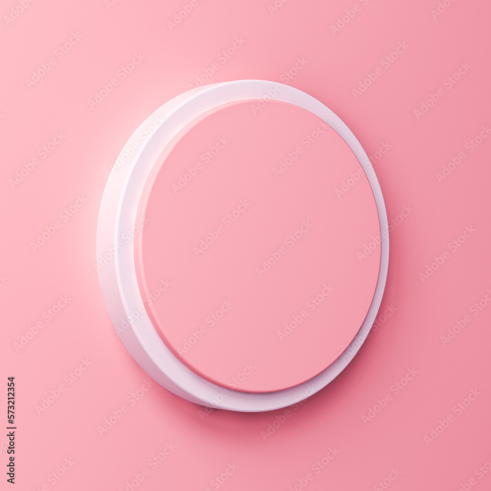 Poster Blank pink round signage or push button isolated on light pink pastel color wall background with shadow minimal conceptual 3D rendering