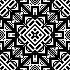 Vector geometric seamless pattern. Minimal ornamental background with abstract shapes. Black and white mandala. Simple abstract ornament background. Dark repeat design for decor, fabric, cloth.