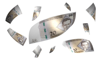 3D Render Set of Flying Bosnia 20 Marka Money Banknote