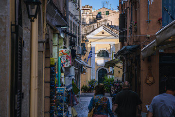 Church seen from narrow street in historic part of Corfu city, Corfu Island, Greece