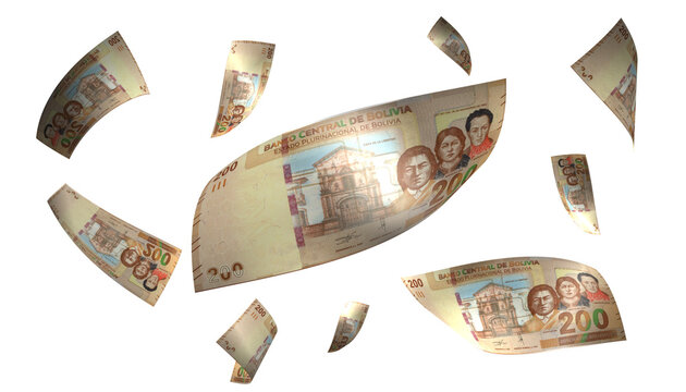3D Render Set of Flying Bolivia 200 Bolivianos Money Banknote
