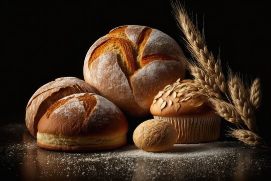 Crusty loaves of bread and buns on black background. Ai generative.