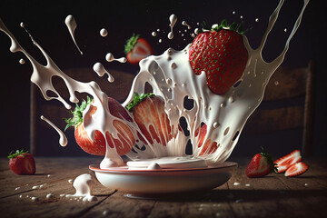 Strawberries with cream, levitation, splashes of cream with strawberries, a beautiful background, Unusual photo.
