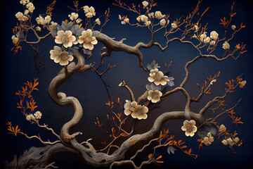 Tree of Prunus spinosa, called blackthorn or sloe. Japanese umeboshi. Moon in background, bonsai tree.  Japanese Culture, Taoists. Generative AI technology - obrazy, fototapety, plakaty