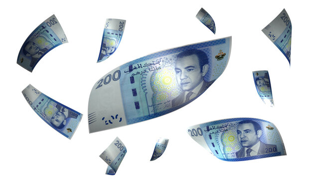 3D Render Set of Flying Morocco 200 Dirhams Money Banknote